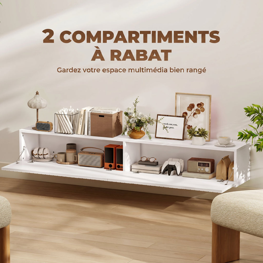 Meuble TV suspendu 140cm, meuble télé pour téléviseur 72 pouces, 2 portes rabattables, 140x25x22cm, blanc-4