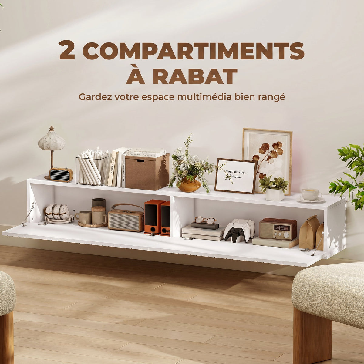 Meuble TV suspendu 140cm, meuble télé pour téléviseur 72 pouces, 2 portes rabattables, 140x25x22cm, blanc-4