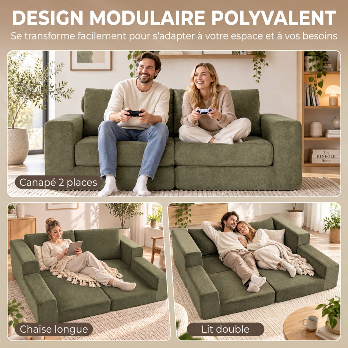 Canapé Convertible 2 Places 4 en 1, Canapé-Lit Compressé en Chenille 208 cm avec Assise Large, 2 Oreillers, Vert-3