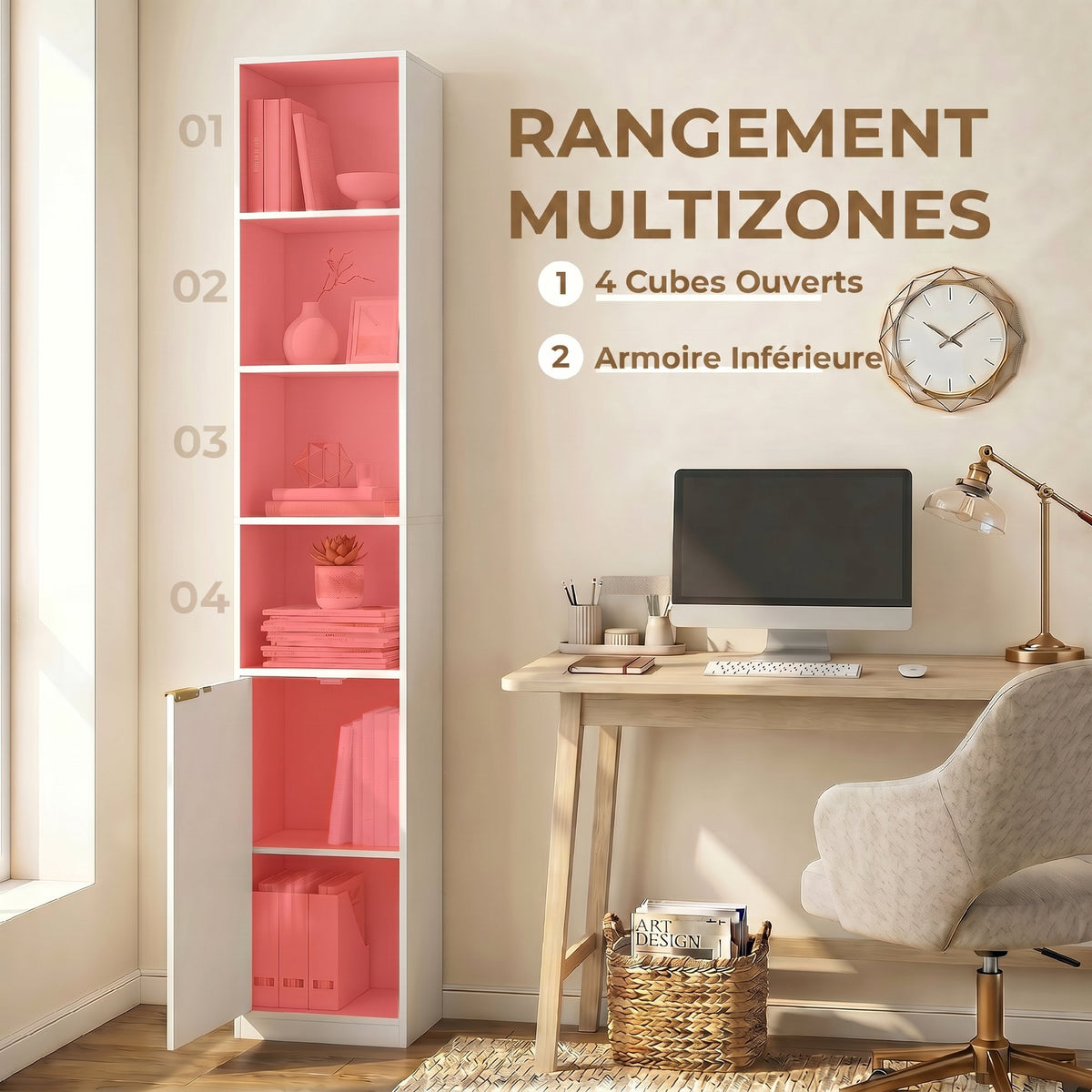 Bibliothèque, Étagère à 6 Niveaux, 30 x 24 x 182 cm, Meuble de Rangement avec Placard et Étagère Réglable, Blanc-3