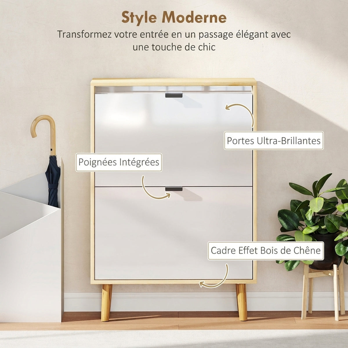 Meuble à chaussures, armoire à chaussures étroite, 2 tiroirs rabattables, portes haute brillante, 60x24x91cm, blanc-3