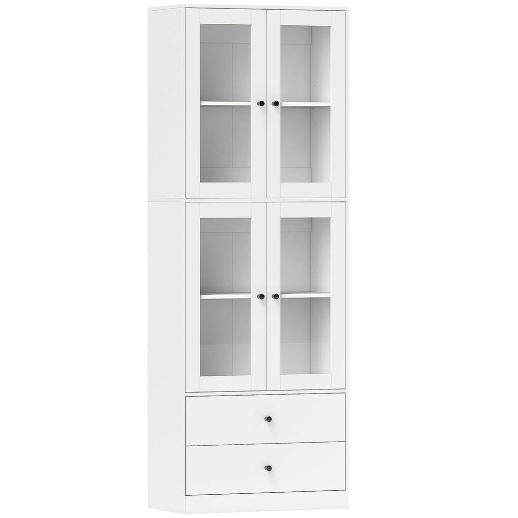 Buffet haut cuisine, armoire de cuisine avec portes vitrées, tiroirs et étagères réglables, 59x30x170cm, blanc brillant-0