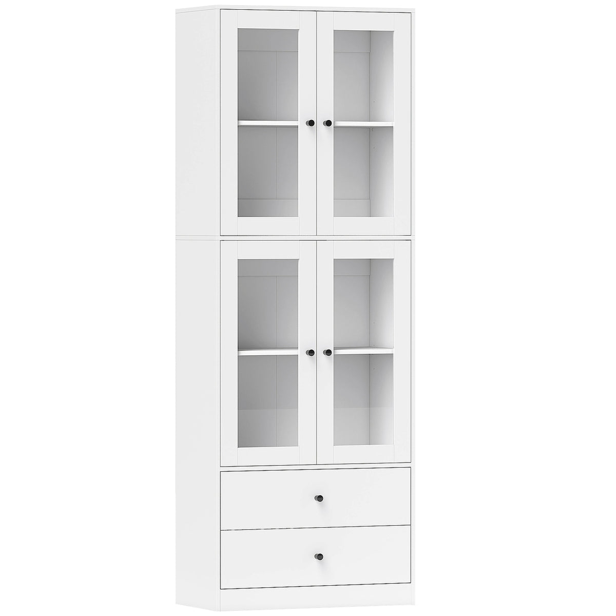 Buffet haut cuisine, armoire de cuisine avec portes vitrées, tiroirs et étagères réglables, 59x30x170cm, blanc brillant-0