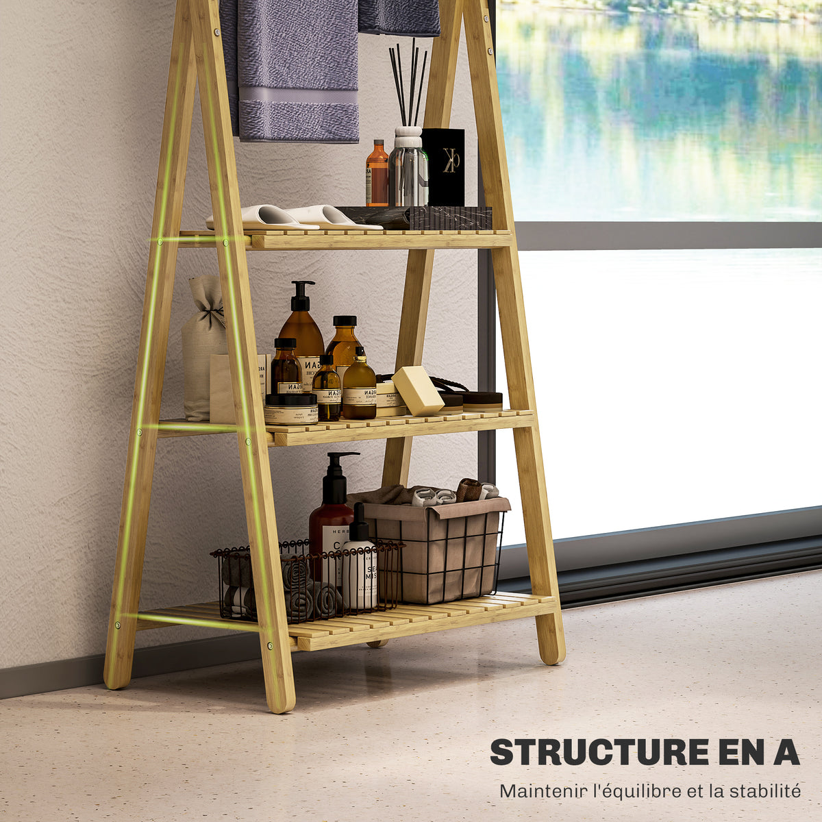 Étagère salle de bain en bambou pliable 3 niveaux étagère à échelle porte-serviettes 53,5x30x153cm effet bois naturel-6