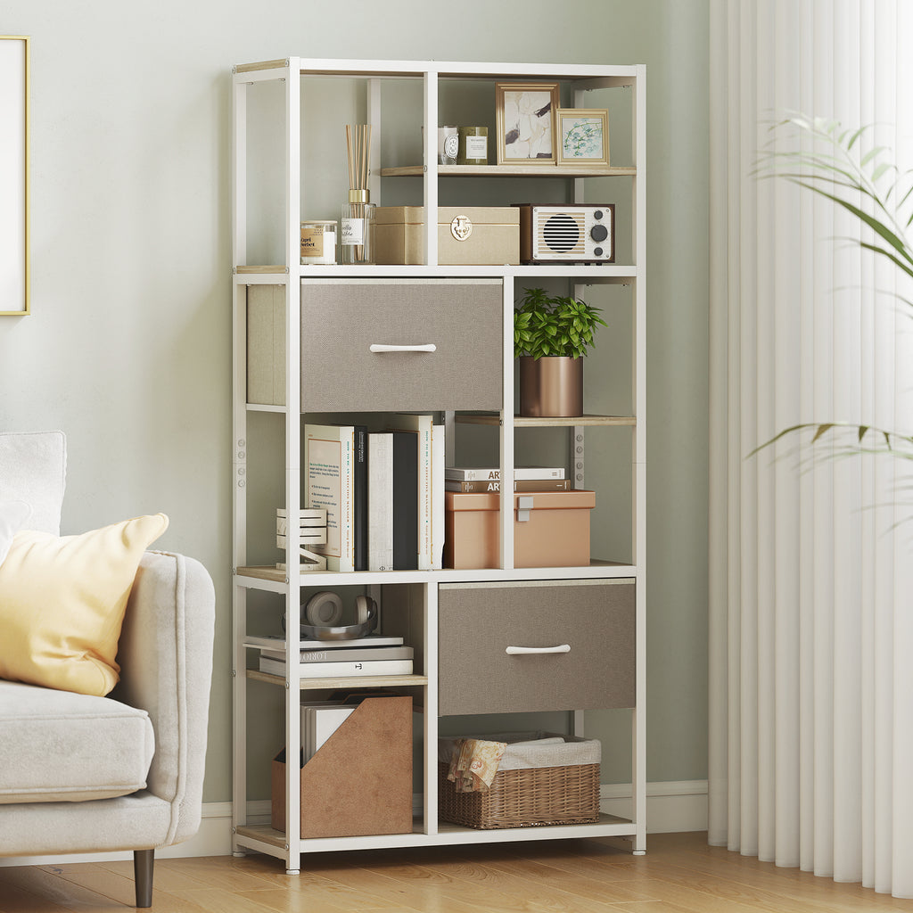 Étagère de rangement 6 niveaux, bibliothèque avec 2 tiroirs en tissu, 9 étagères ouvertes, 72,5 x 30 x 150 cm, blanc-1