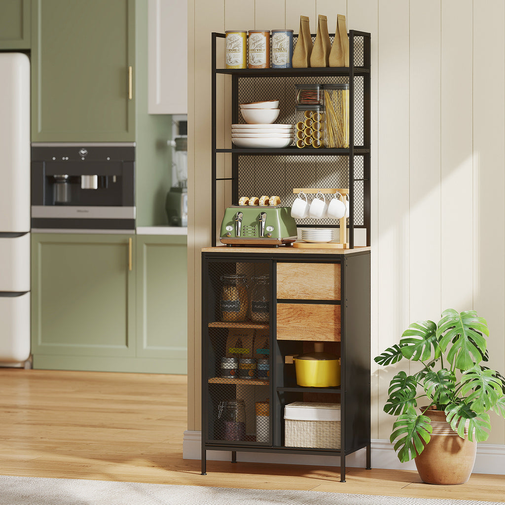 Buffet, armoire de cuisine, plan de travail, porte coulissante, tiroirs et étagères ouvertes, 60x40x180cm, bois naturel-6