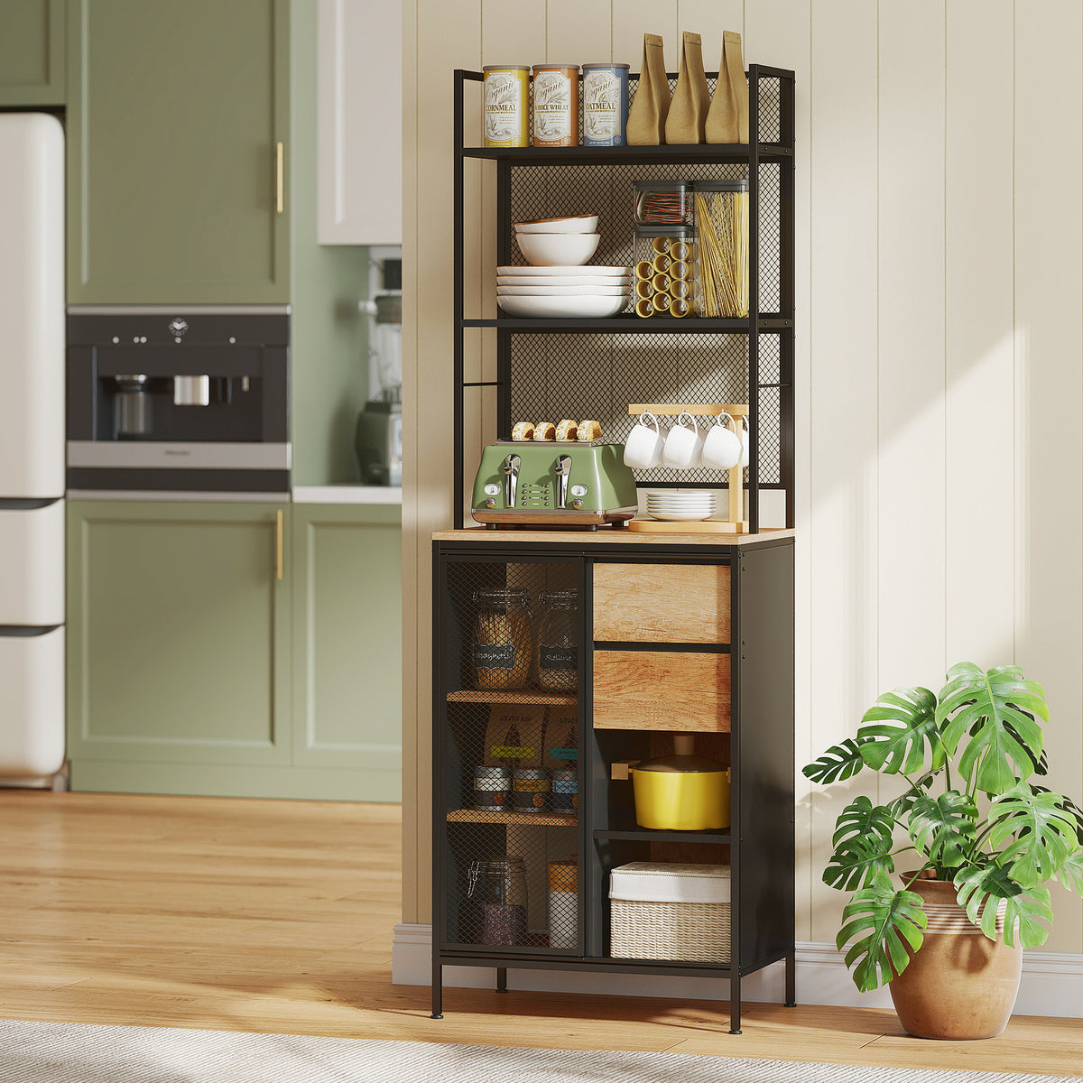 Buffet, armoire de cuisine, plan de travail, porte coulissante, tiroirs et étagères ouvertes, 60x40x180cm, bois naturel-6