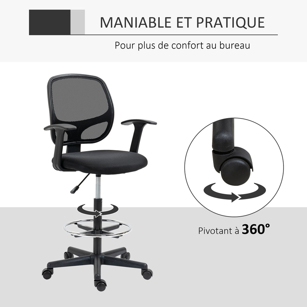 Chaise bureau ergonomique, chaise de dessin, repose-pieds, dossier en maille, hauteur réglable, 64x57x110-132cm, noir-5