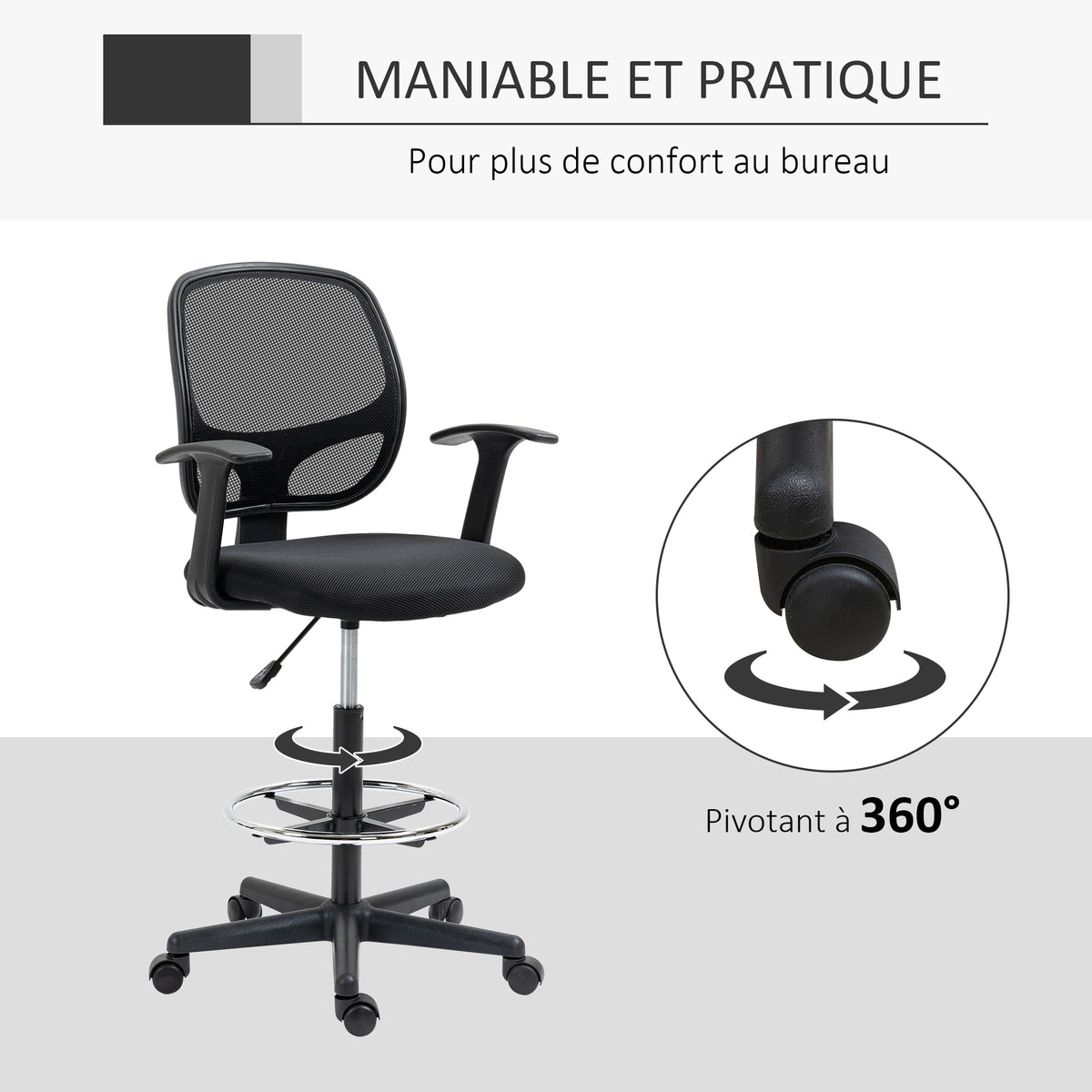 Chaise bureau ergonomique, chaise de dessin, repose-pieds, dossier en maille, hauteur réglable, 64x57x110-132cm, noir-5