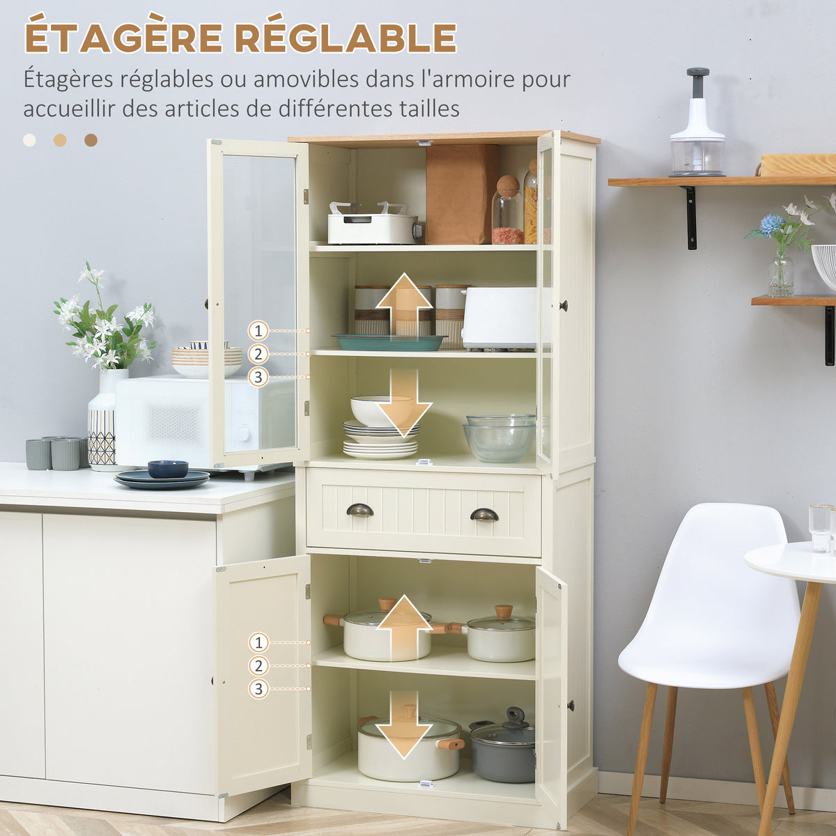 Buffet meuble cuisine rangement armoire de cuisine 4 portes dont 2 portes vitrées et 1 tiroir hauteur 182,5 cm avec étagères réglables - beige-5