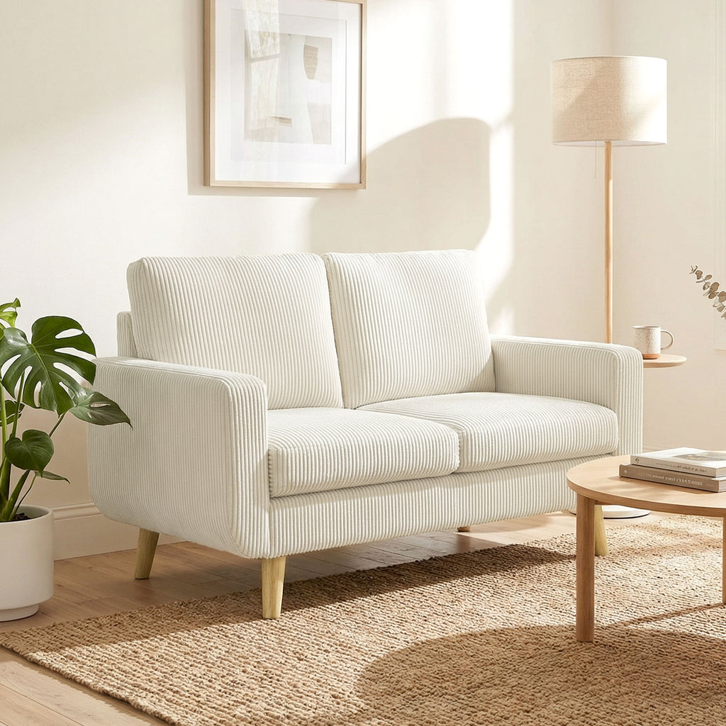 Canapé 2 places en velours côtelé, canapé de salon moderne 134 cm, assise rembourrée, coussin à ressorts, crème-1