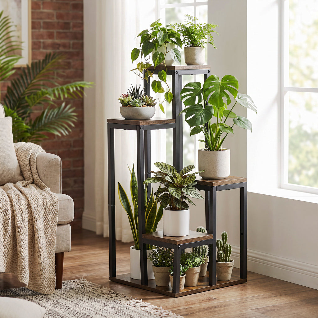 Support pour plantes étagère à fleurs 4 étagères différentes hauteurs structure acier 40 x 40 x 81 cm noir-8