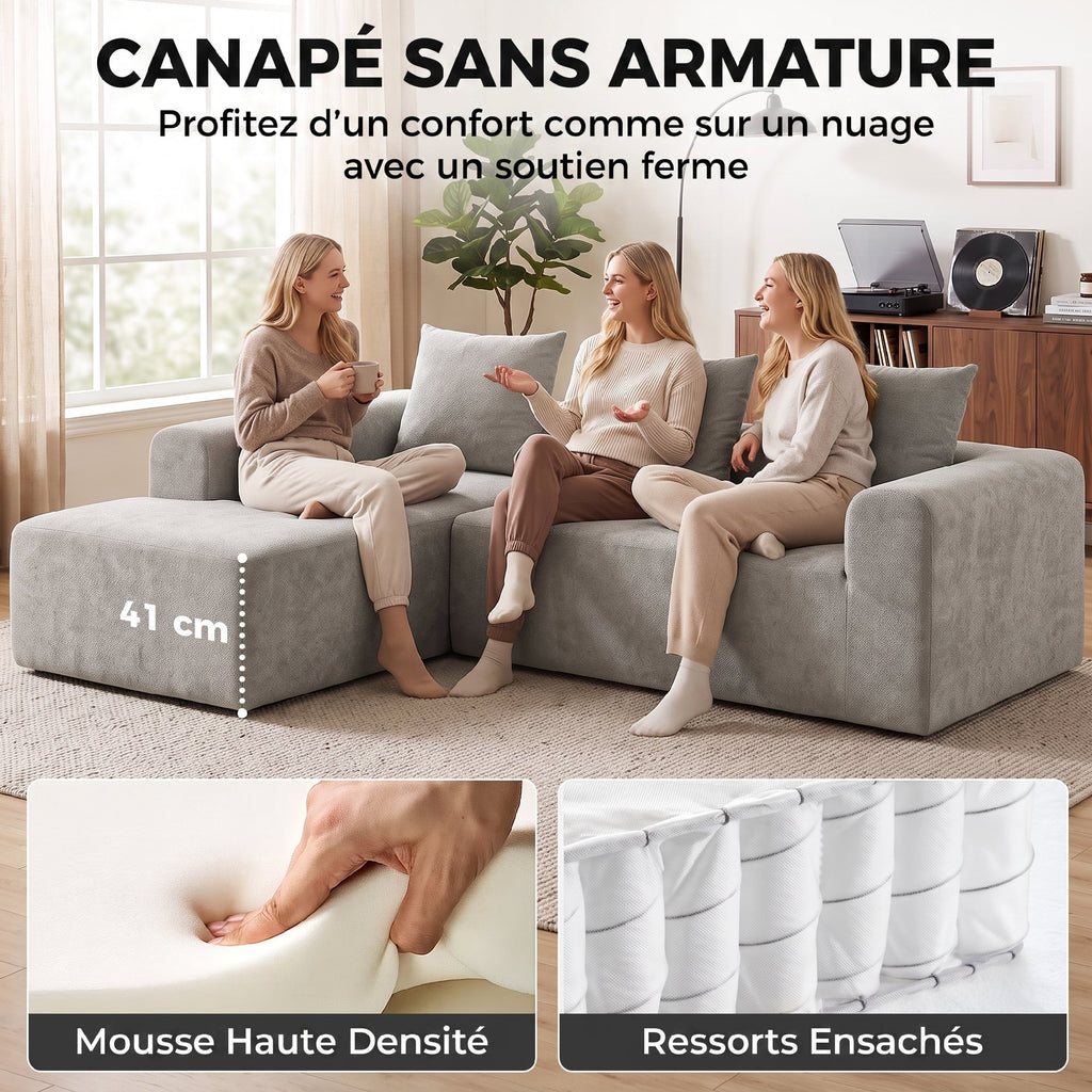 Canapé d'Angle en Chenille, Canapé 3 Places en L 242 cm avec Méridienne, Assise Profonde, Accoudoirs Larges, Gris Clair-4