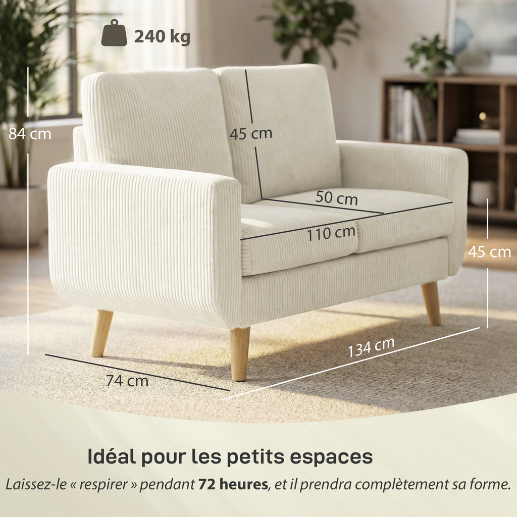 Canapé 2 places en velours côtelé, canapé de salon moderne 134 cm, assise rembourrée, coussin à ressorts, crème-2