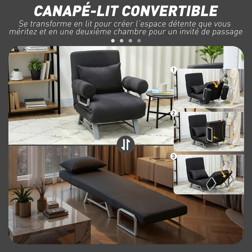 Fauteuil chauffeuse canapé-lit Convertible inclinable 1 Place Coussin lombaires accoudoirs piètement métal Lin Noir-3