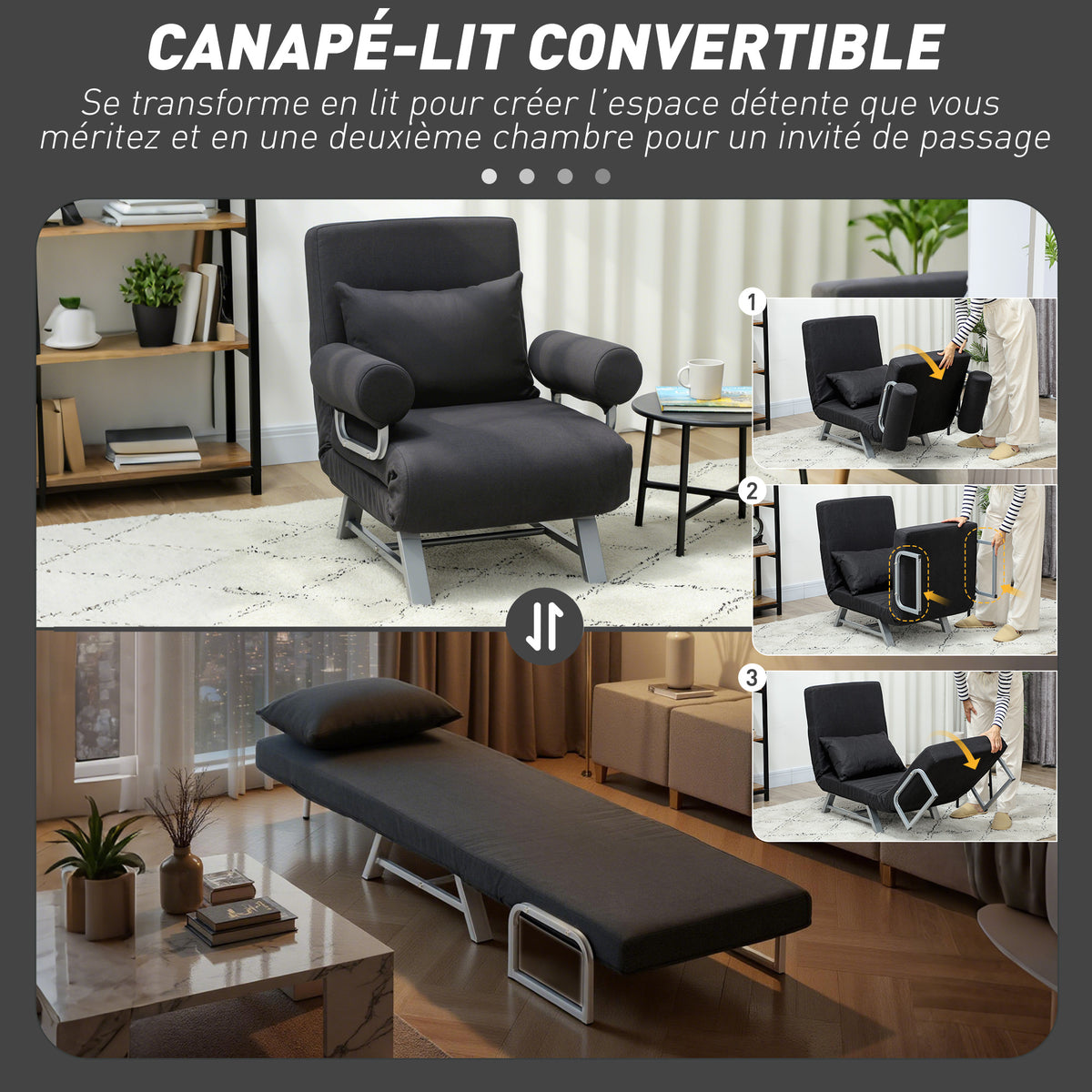 Fauteuil chauffeuse canapé-lit Convertible inclinable 1 Place Coussin lombaires accoudoirs piètement métal Lin Noir-3