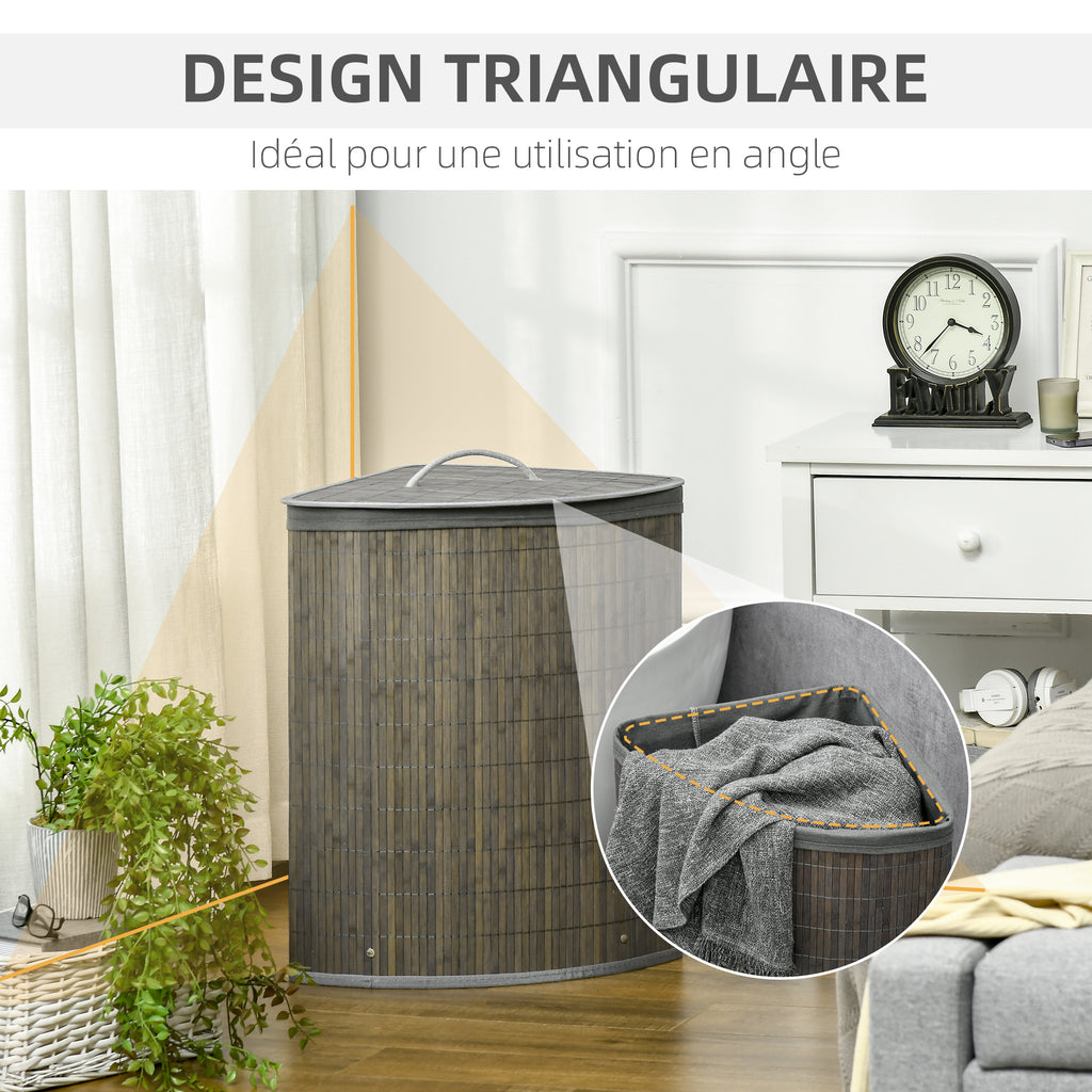 Panier à linge en bambou d'angle 55L avec couvercle et sac amovible 38 x 38 x 57 cm gris-6