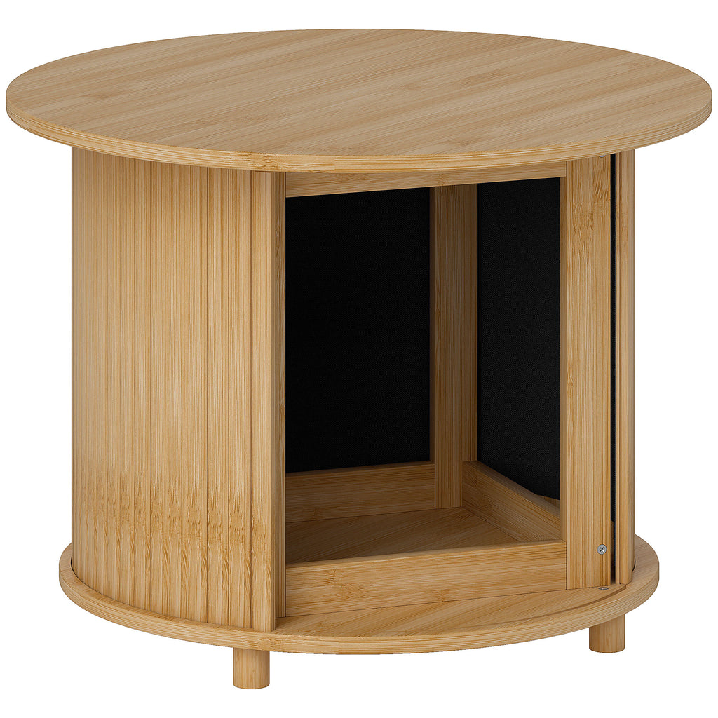 Table basse ronde table de salon en bambou avec rangement caché et porte coulissante, dim. Ø 60 x 45H cm, bois naturel-0