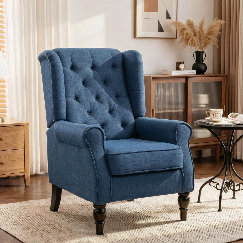 Fauteuil de Salon, Fauteuil Capitonné avec Pieds en Bois, Assise Large, Grand Confort, Classique, 74x86x102cm, Bleu-9