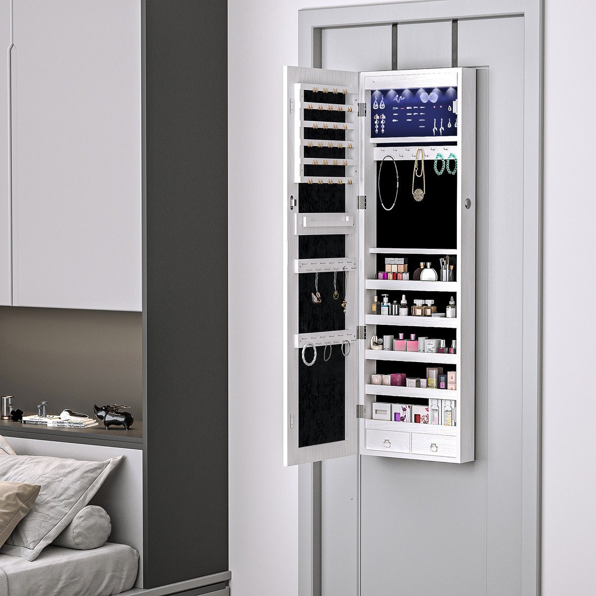 Armoire à bijoux suspendue au mur ou à la porte avec miroir, LED, 5 étagères, 2 tiroirs, 37x10x120cm, effet bois grisé-1