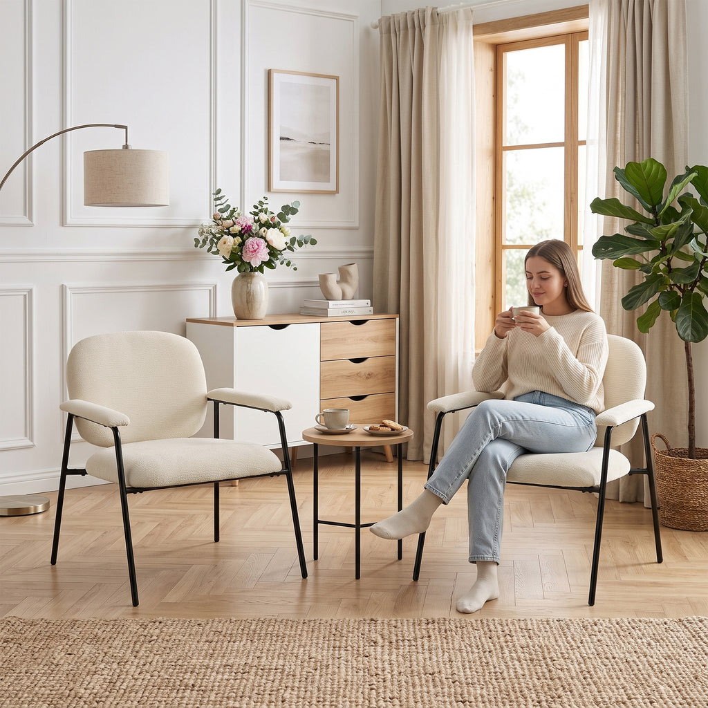 Lot de 2 Fauteuils Salon, Fauteuils d'Appoint en Chenille avec Dossier Profilé, Accoudoirs Rembourrés, Crème-9