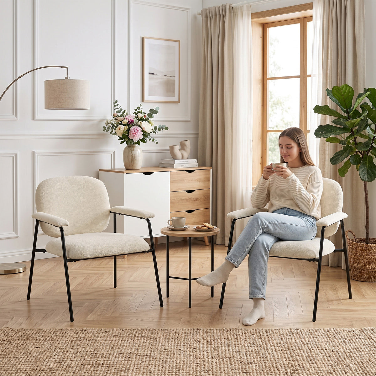 Lot de 2 Fauteuils Salon, Fauteuils d'Appoint en Chenille avec Dossier Profilé, Accoudoirs Rembourrés, Crème-9