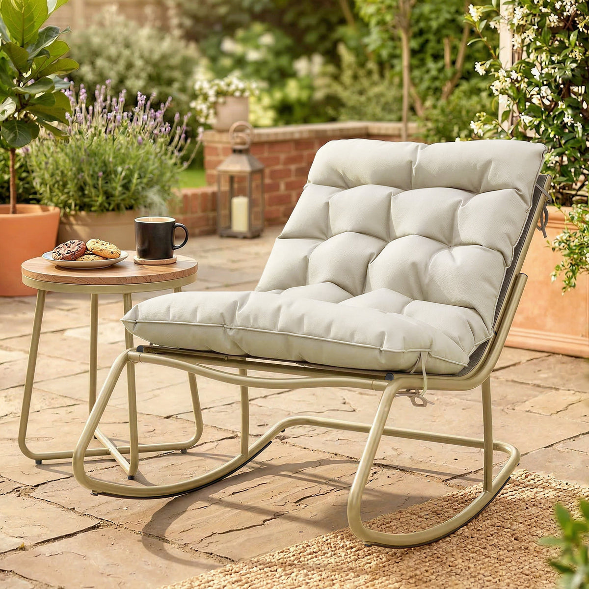 Fauteuil à Bascule Extérieur Coussin Moelleux 125cm Large 64cm en Acier et Textilène Beige et Doré-9