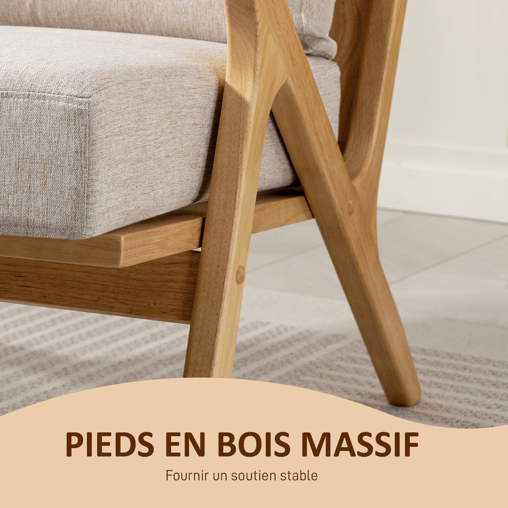 Fauteuil salon, fauteuil scandinave en tissu effet lin, coussins rembourrée et pieds en bois d'hévéa, 76x87x88cm, beige-4