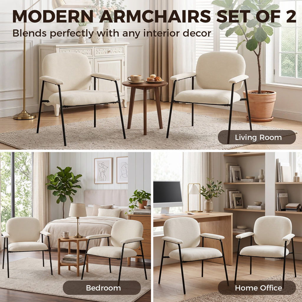 Lot de 2 Fauteuils Salon, Fauteuils d'Appoint en Chenille avec Dossier Profilé, Accoudoirs Rembourrés, Crème-7