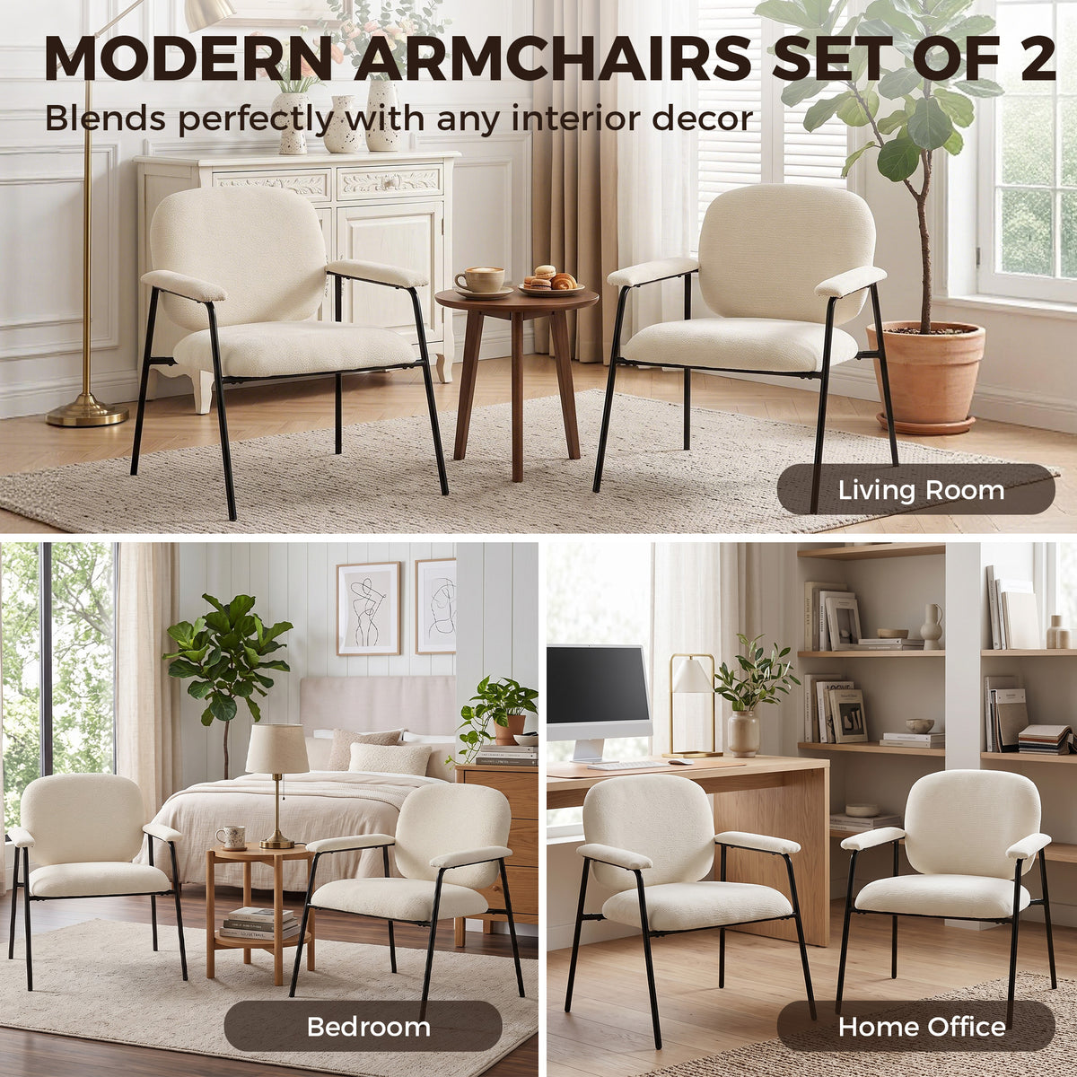 Lot de 2 Fauteuils Salon, Fauteuils d'Appoint en Chenille avec Dossier Profilé, Accoudoirs Rembourrés, Crème-7