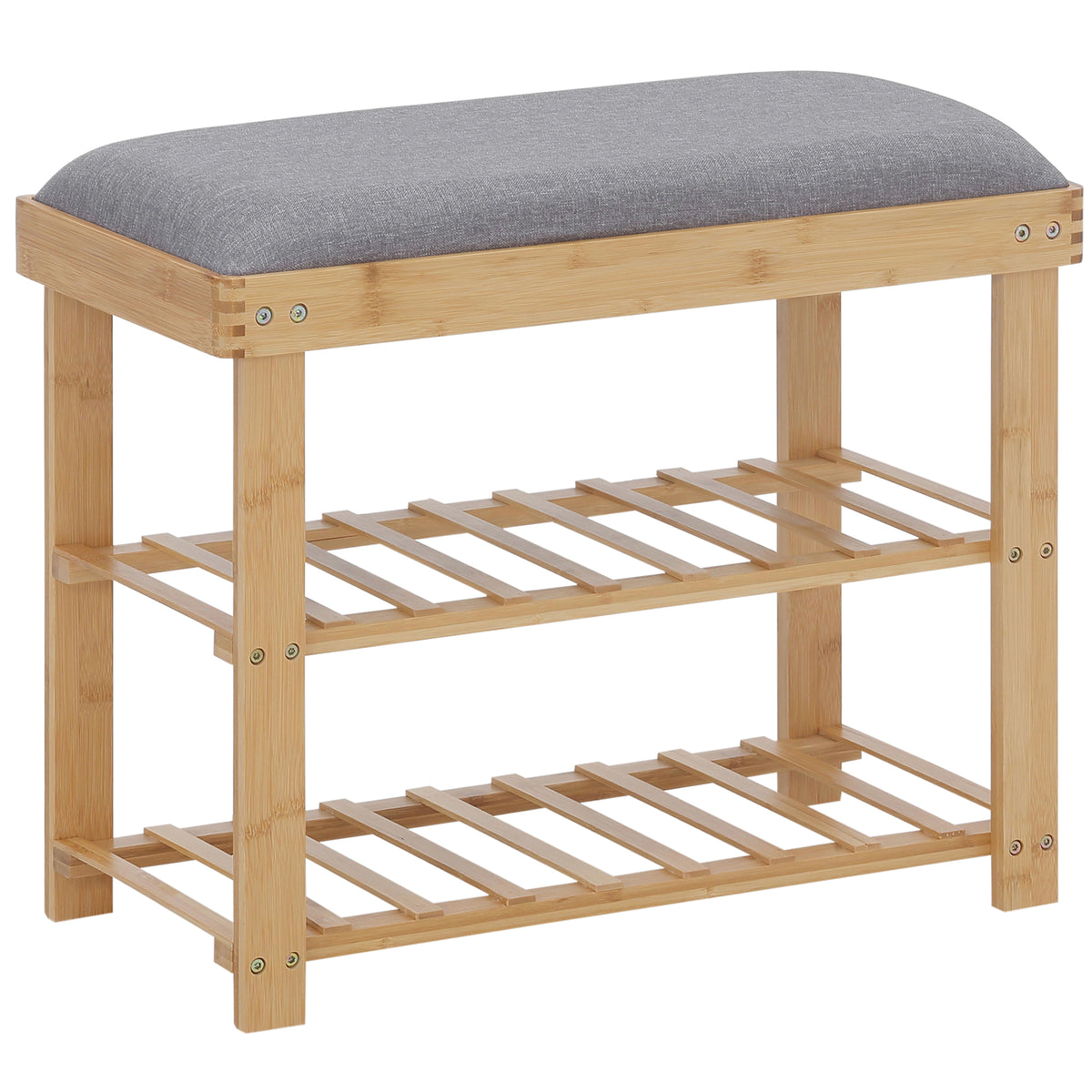 Meuble à Chaussures Banc à Chaussures 2 étagères Coussin Gris intégré Bambou-0