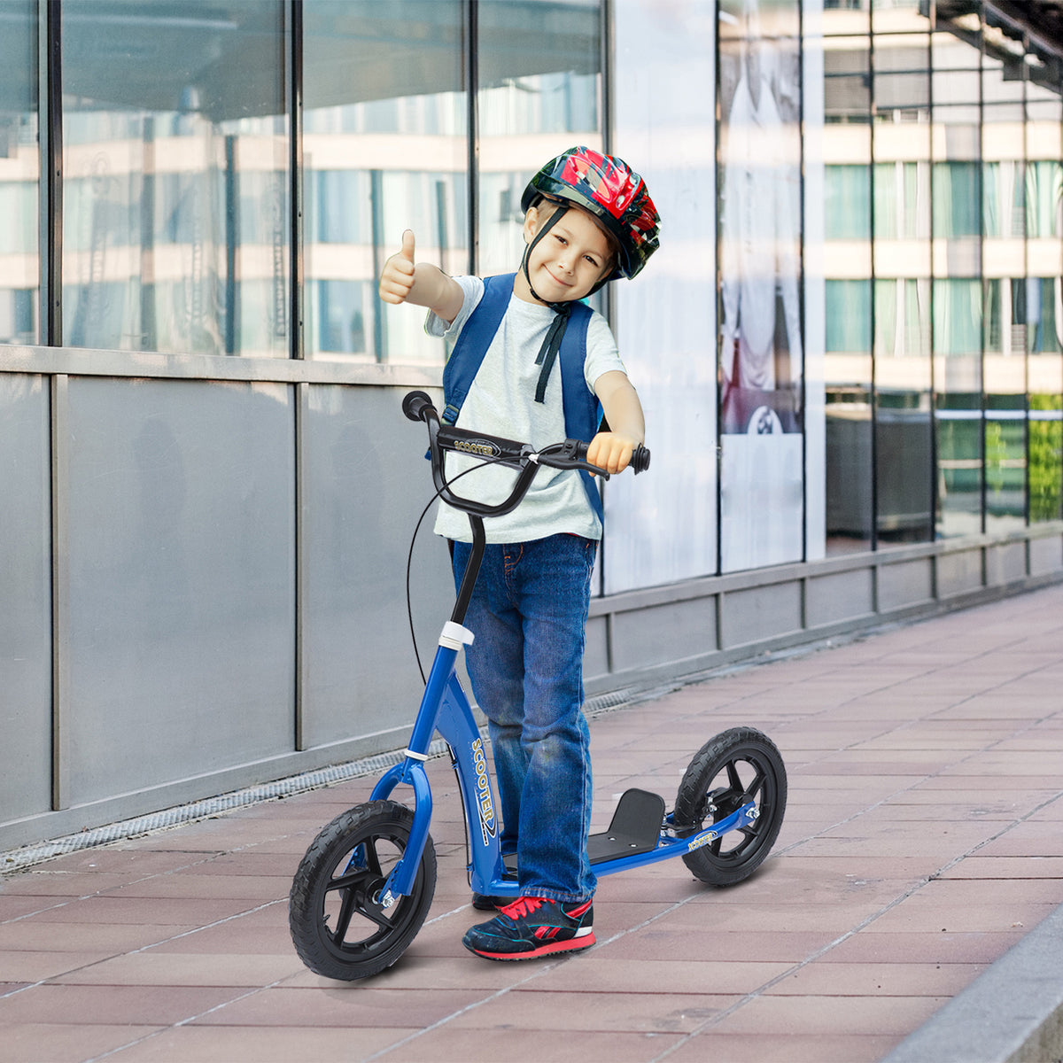 Trottinette enfant patinette pneus 30 cm Hauteur Guidon réglable poignée Frein et béquille Acier pour enfants à partir de 5 ans Bleu-1