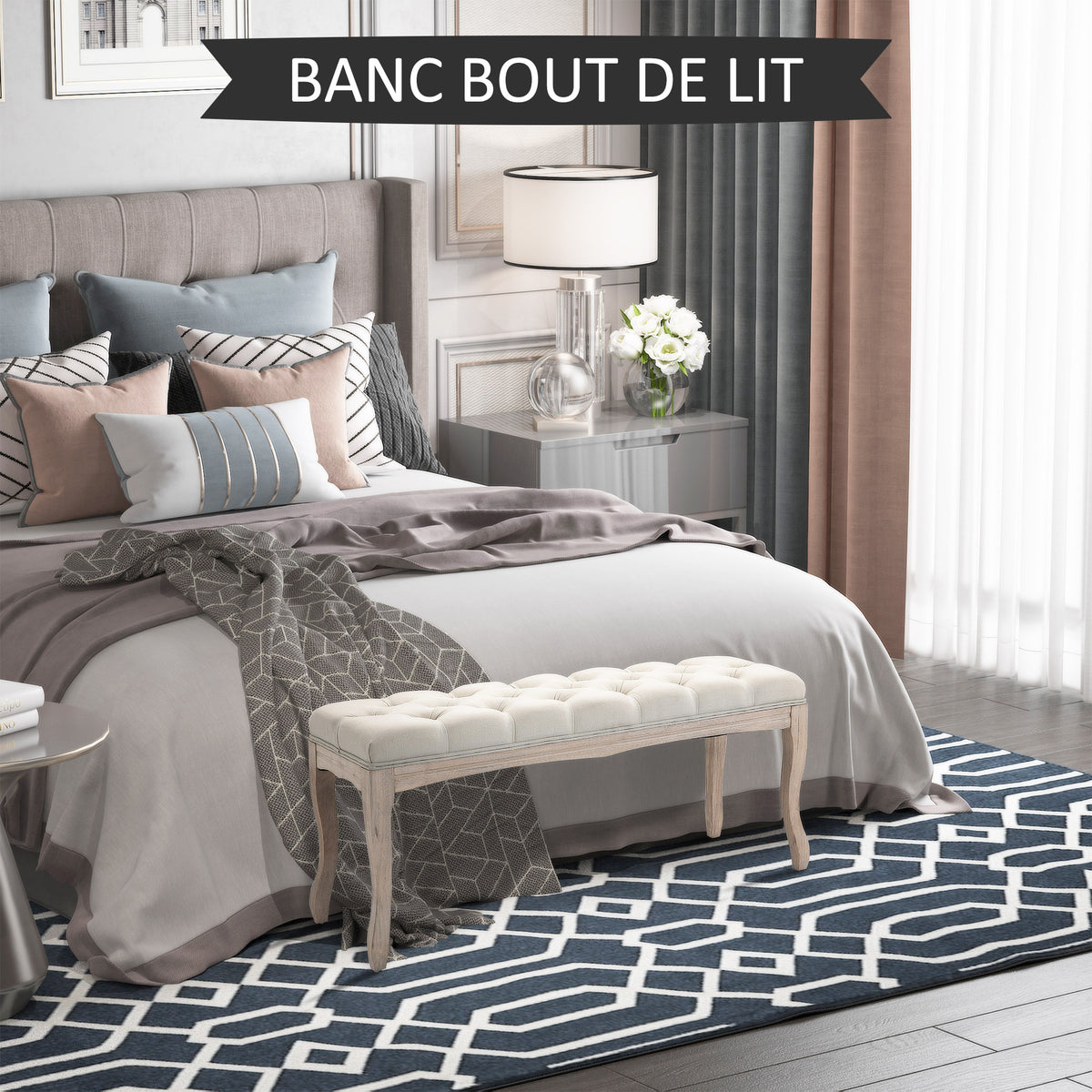 Lot de 2 banc Banquette capitonnée Style Classique 110 cm Bout de lit Rembourrée en lin piètement Bois hévéa sculpté-6