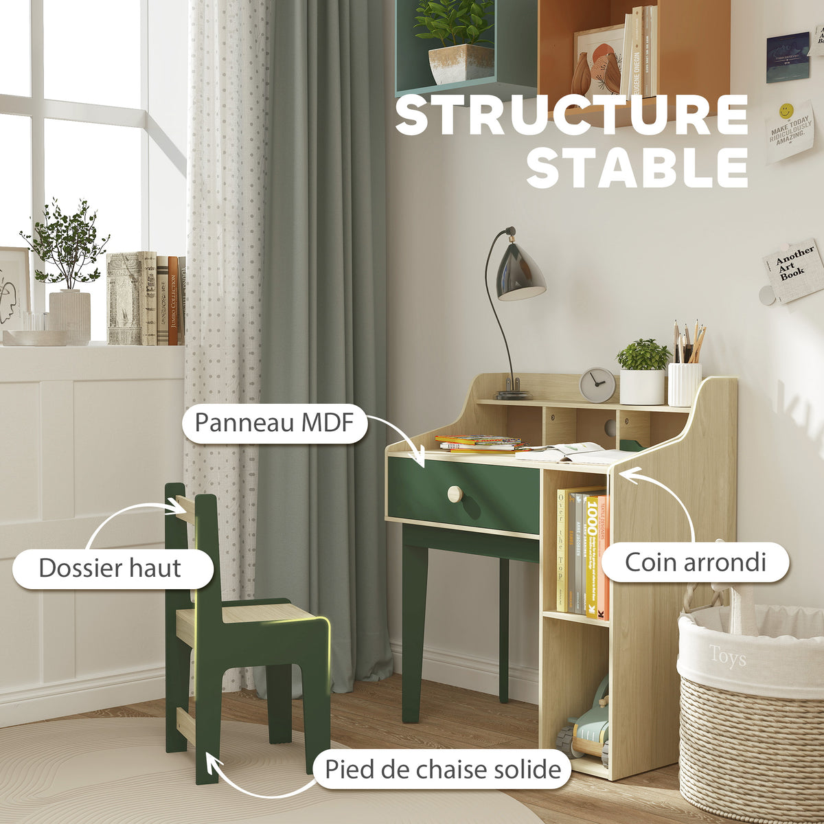 Ensemble bureau et chaise pour enfant avec étagères de rangement et tiroir, mobilier pour enfants de 3 à 10 ans, vert-5