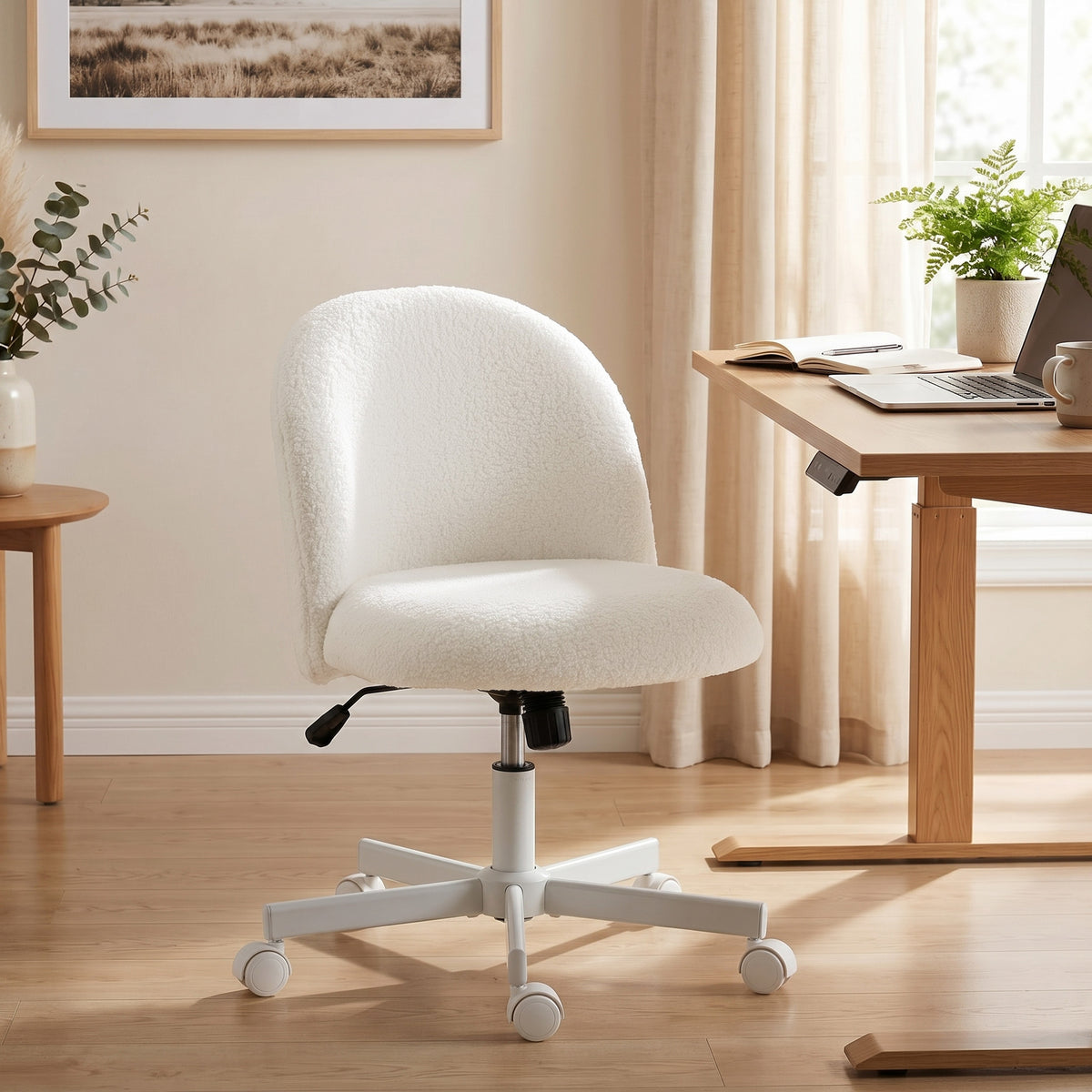Chaise de Bureau Ergonomique, Fauteuil de Bureau Inclinable en Tissu Bouclette Sans Accoudoirs, Hauteur Réglable, Crème-1