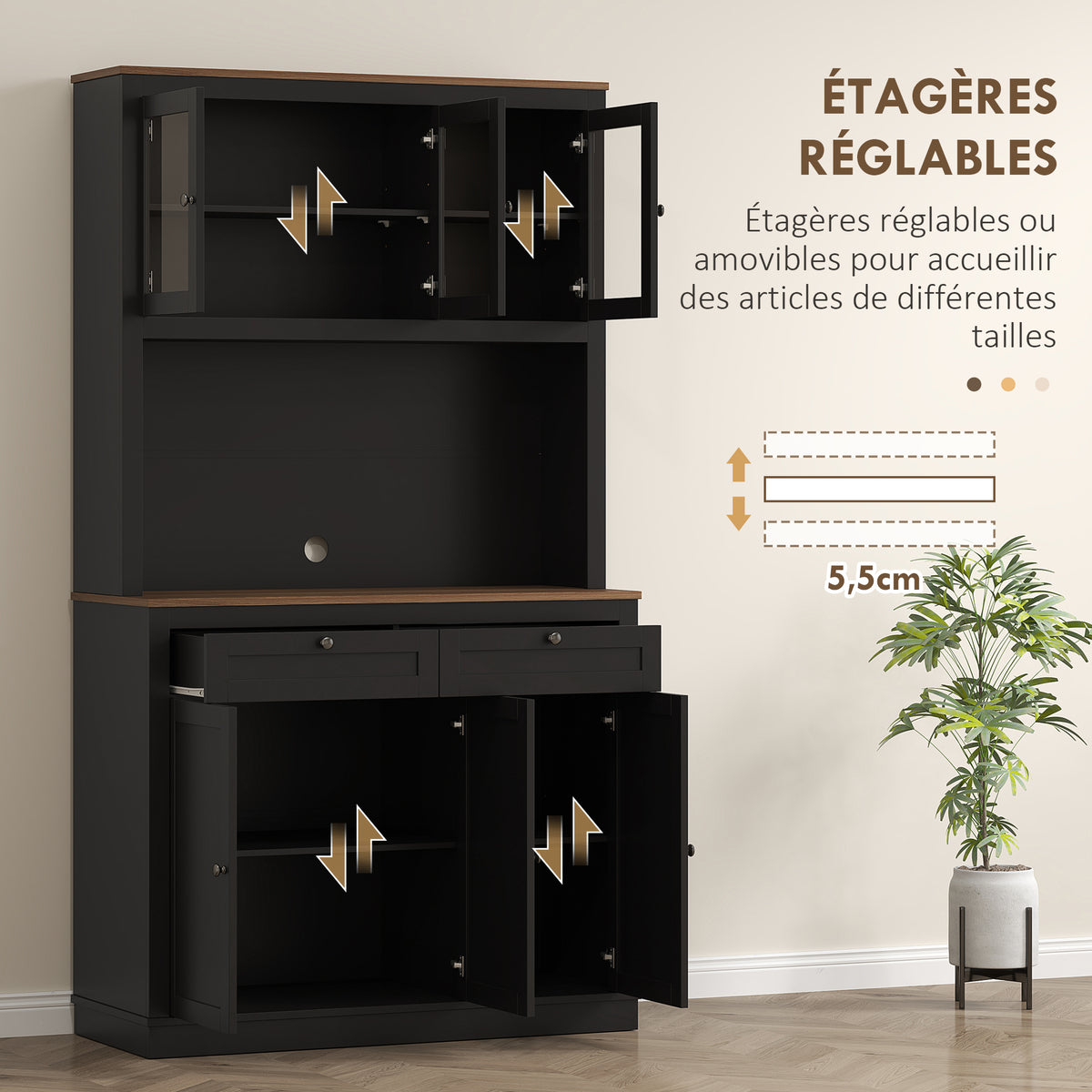 Buffet haut cuisine, armoire de cuisine, 6 portes, 2 tiroirs, plan de travail, étagères réglables, 100x40x180cm, noir-4