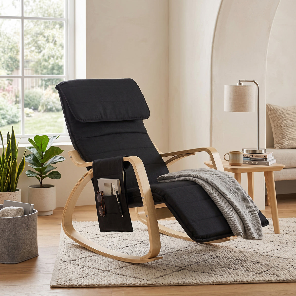 Fauteuil relax à bascule fauteuil allaitement avec repose-pieds réglable, poche latérale et appui-tête, noir-6
