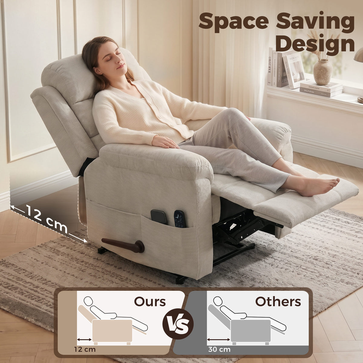 Fauteuil Inclinable de Massage et Chauffage, Fauteuil de Relaxation, Appuie-tête Réglable Poches Latérales, Crème-7