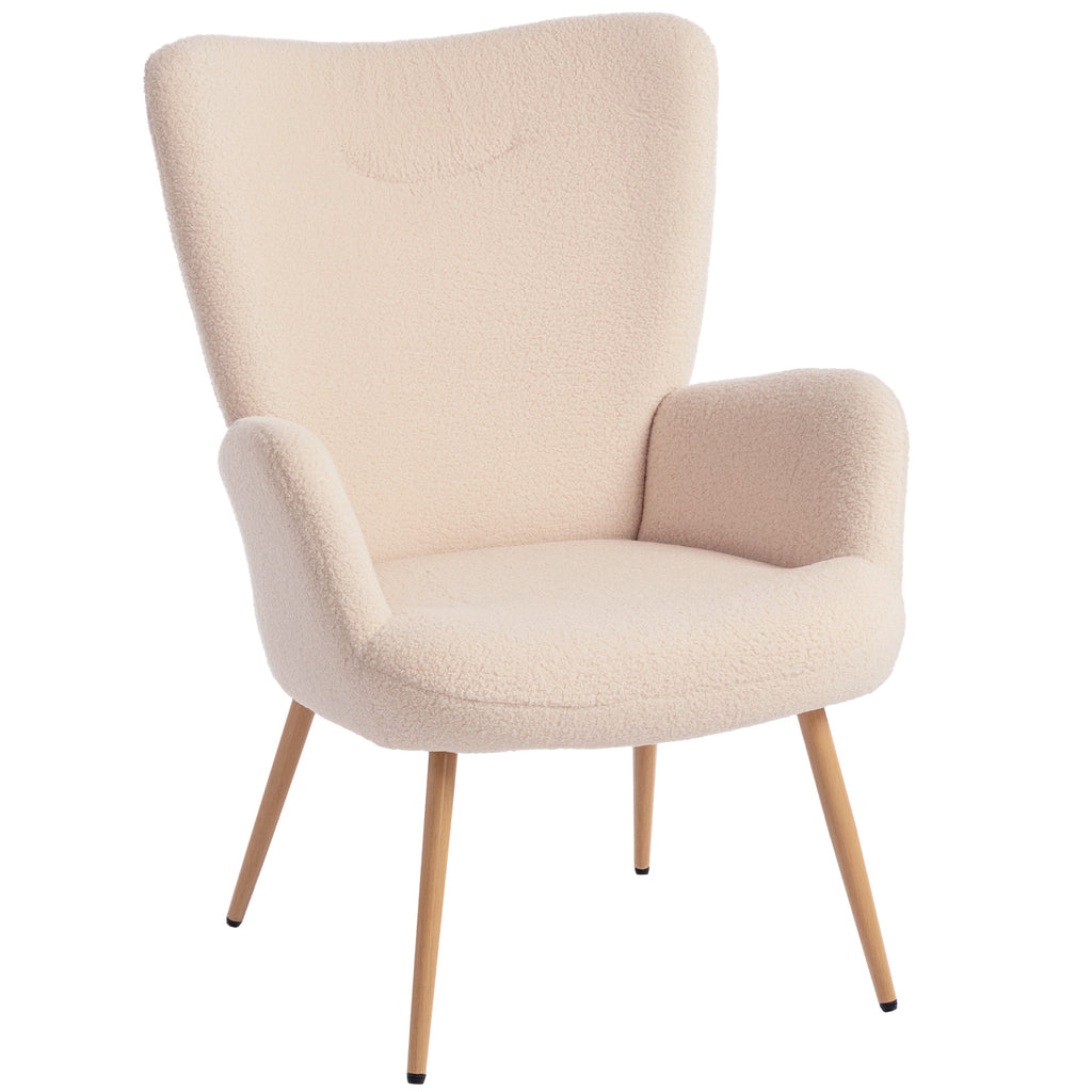 Fauteuil salon, fauteuil d'appoint rembourré en tissu bouclette avec haut dossier et accoudoirs, 71x74x97,5cm, beige-0