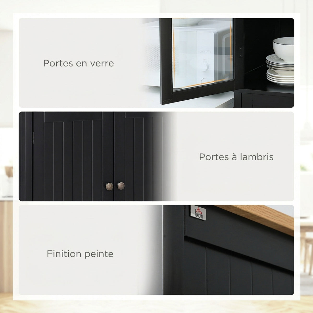 Buffet meuble cuisine rangement armoire de cuisine 4 portes dont 2 portes vitrées et 1 tiroir étagères réglables - noir-3