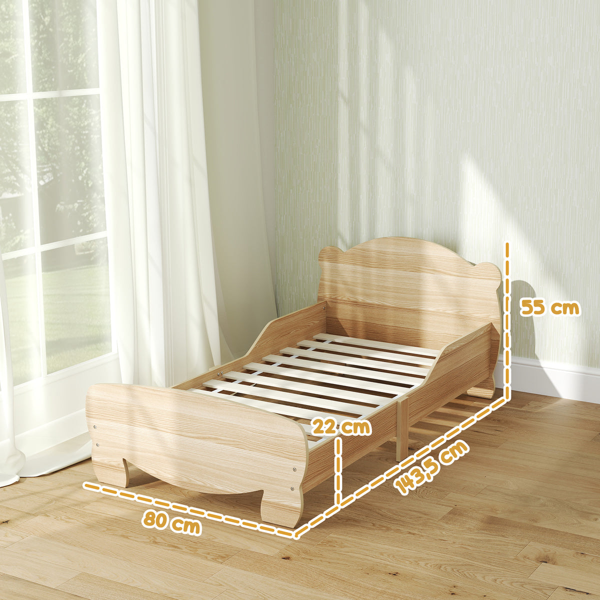 Lit enfant 70x140 cm avec barrières de sécurité thème d'ours pour garçons, filles, âgés de 3 à 6 ans, bois naturel-2