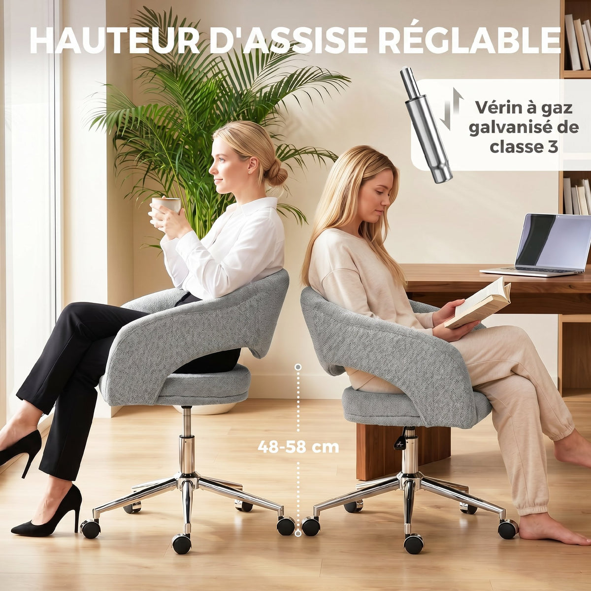 Chaise Bureau Ergonomique, Fauteuil de Bureau en Chenille avec Hauteur Réglable, Dossier Incurvé, Gris-5