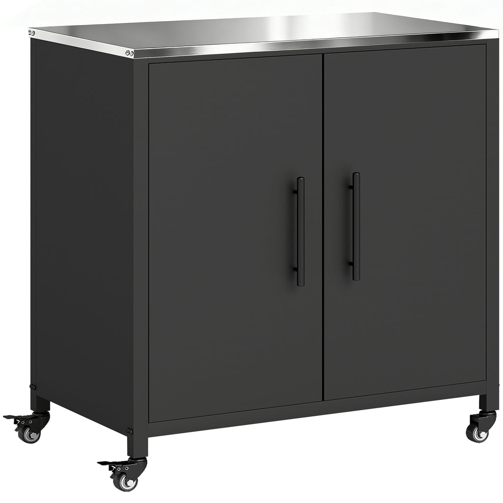Armoire de jardin en Métal, Armoire de Rangement Extérieur, Toit en Acier Inoxydable et Roulettes, Noir-0