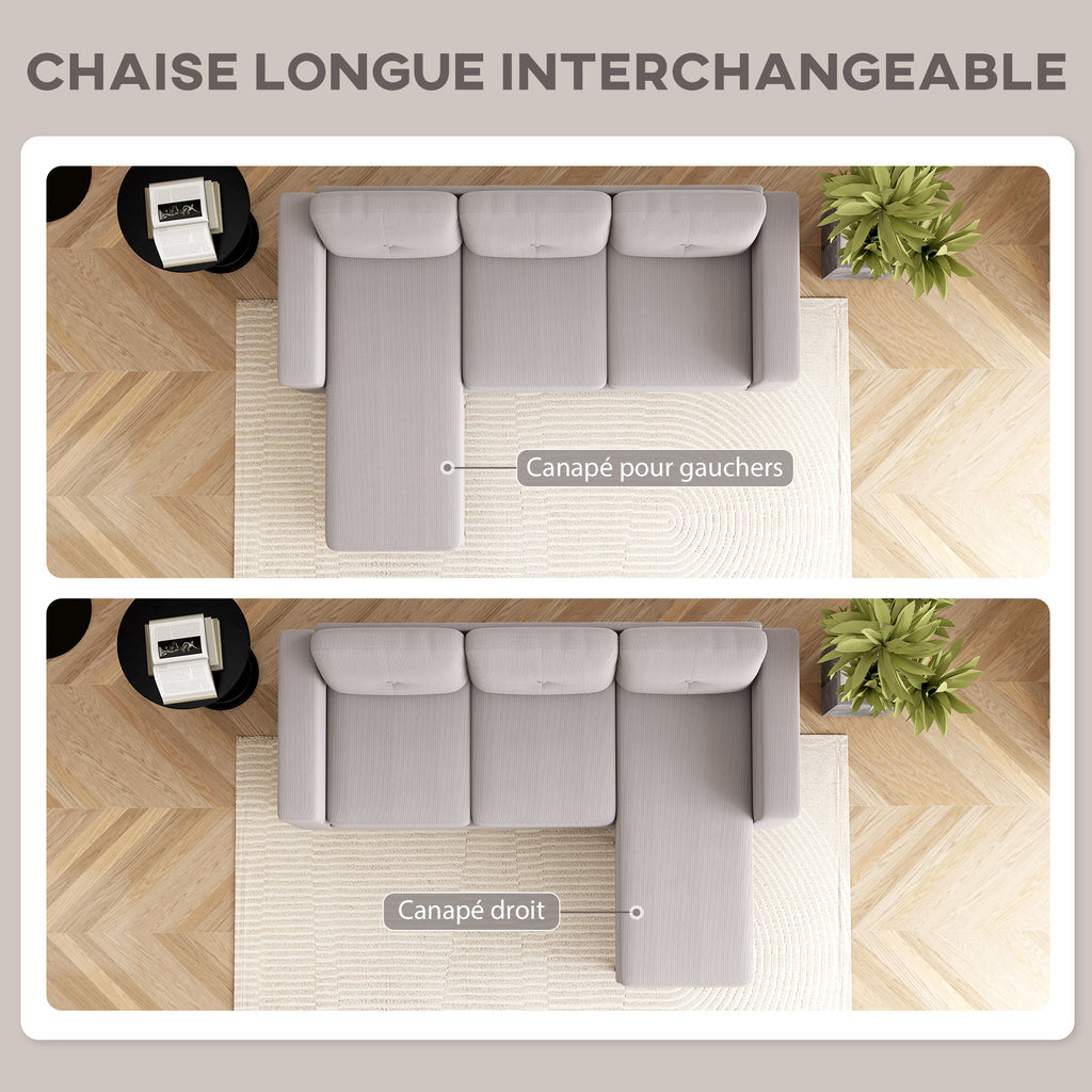 Canapé d'angle réversible en velours côtelé, canapé 3 places avec méridienne, cadre en acier, 192x137x84cm, gris clair-3