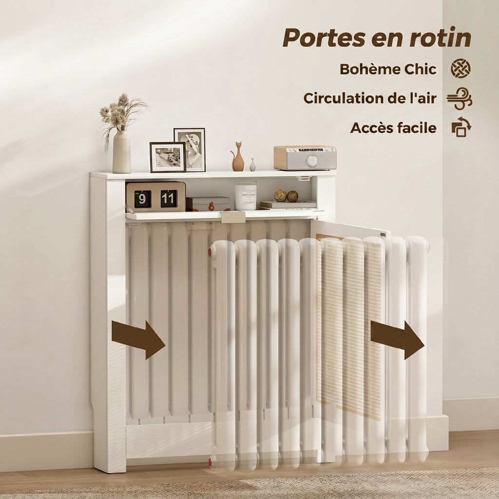 Cache-Radiateur avec Placard Rabattable et Porte en Rotin, Couvercle de Radiateur en Bois avec Compartiment, Blanc-4