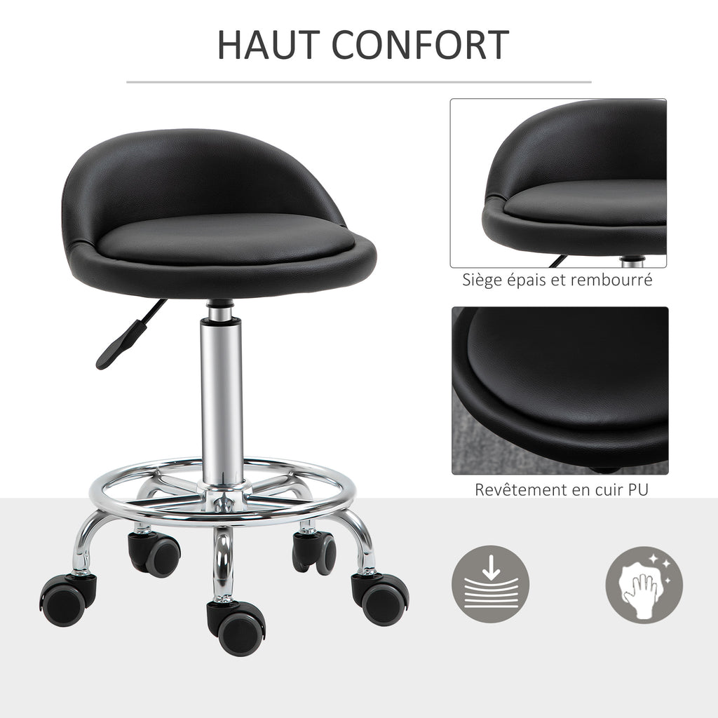 Lot de 2 tabouret à roulette pivotant 360°, assise réglable 47-62H cm, acier chromé revêtement synthétique noir-4