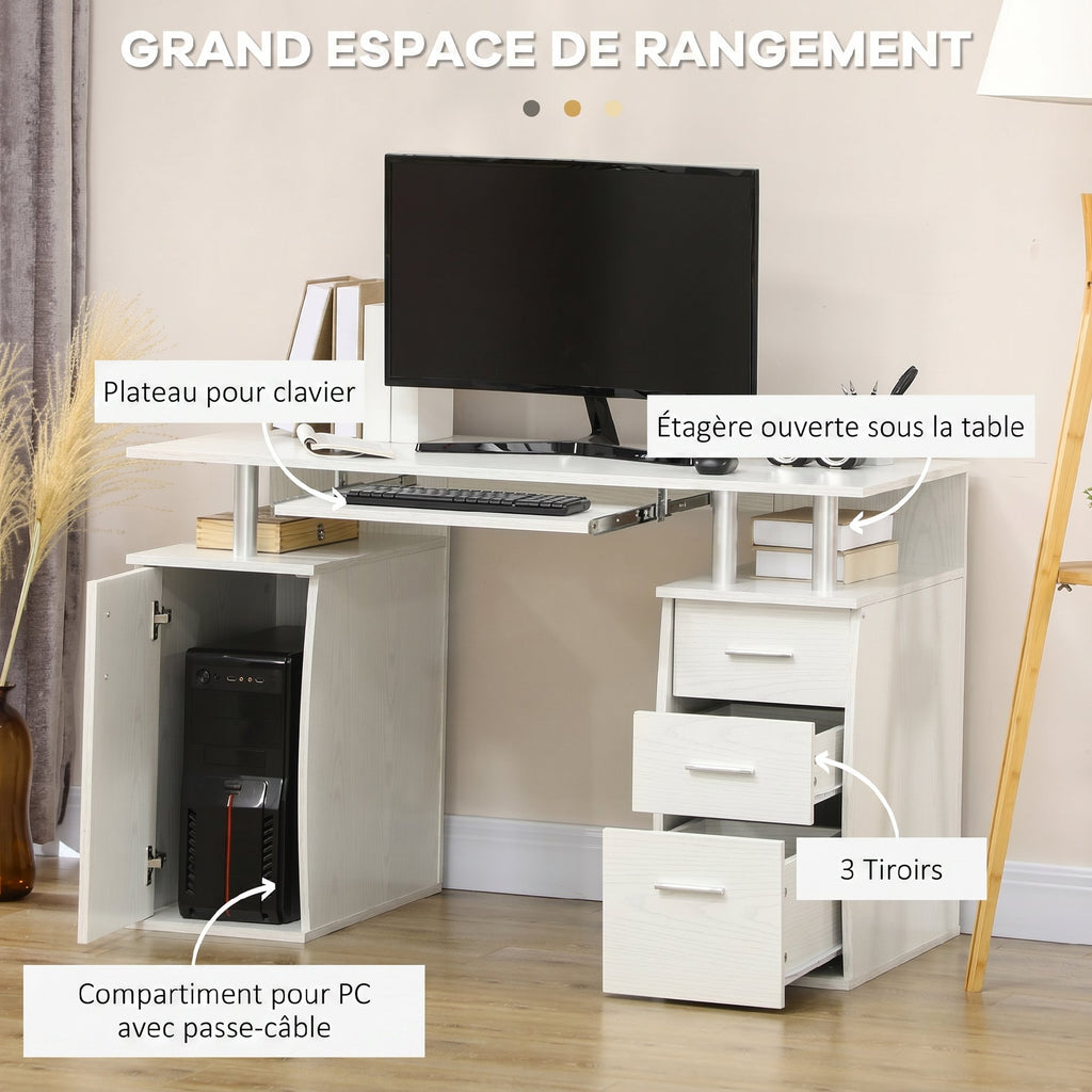 Bureau d'ordinateur, bureau informatique 120 x 55 cm avec plateau pour clavier, 3 tiroirs, pour chambre, domicile, blanc-3