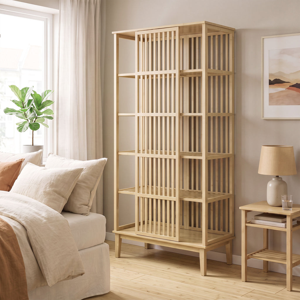 Armoire Chambre Penderie en Bambou 5 Niveaux avec Porte Coulissante, Design Aéré à Lattes, Bois Naturel-1