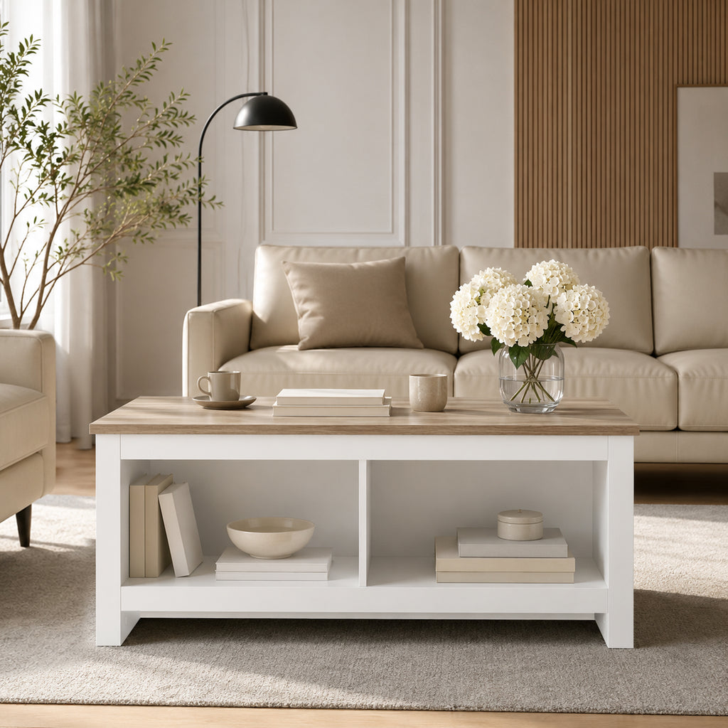 Table Basse Rectangulaire, Table de Salon Moderne avec 4 Compartiments Ouverts, 110 x 55 x 45,5 cm, Chêne et Blanc-8