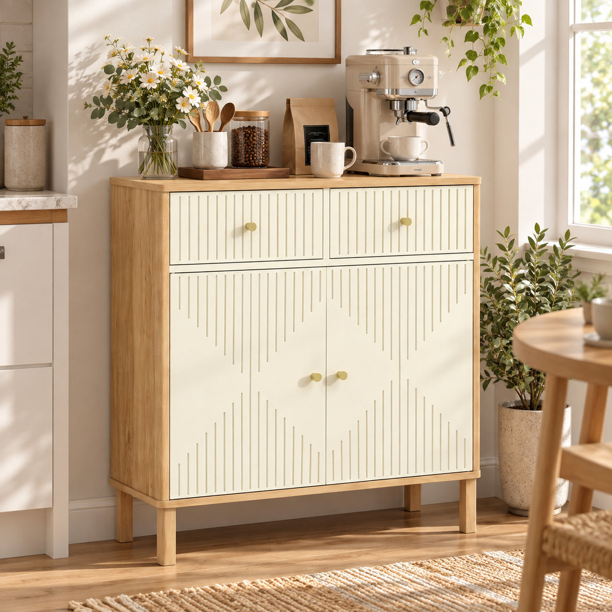 Buffet, meuble de rangement cannelé avec plateau effet chêne, 2 tiroirs, 2 portes, étagère réglable, 77x30x80cm, crème-8